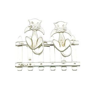 Two Cats On Fence Sterling Silver Brooch Pin Vintage Beau Jewelry 1950s